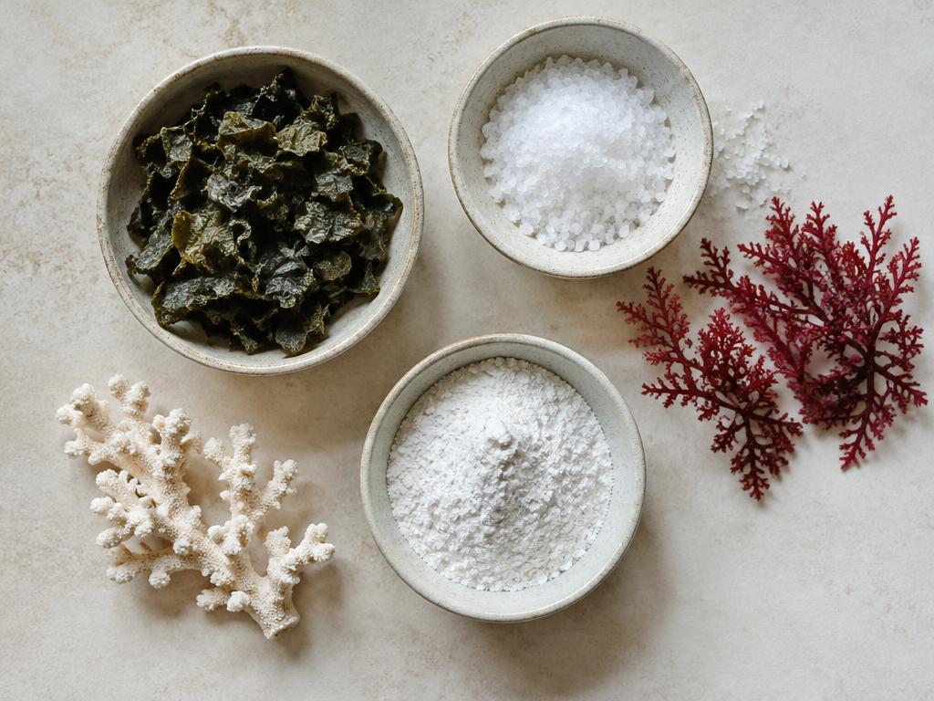 Seaweed, sea salt, red algae and coral calcium used in marine mineral supplements