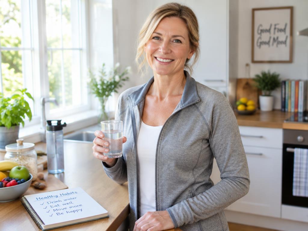 Woman in a UK kitchen starting her day with water and healthy habits